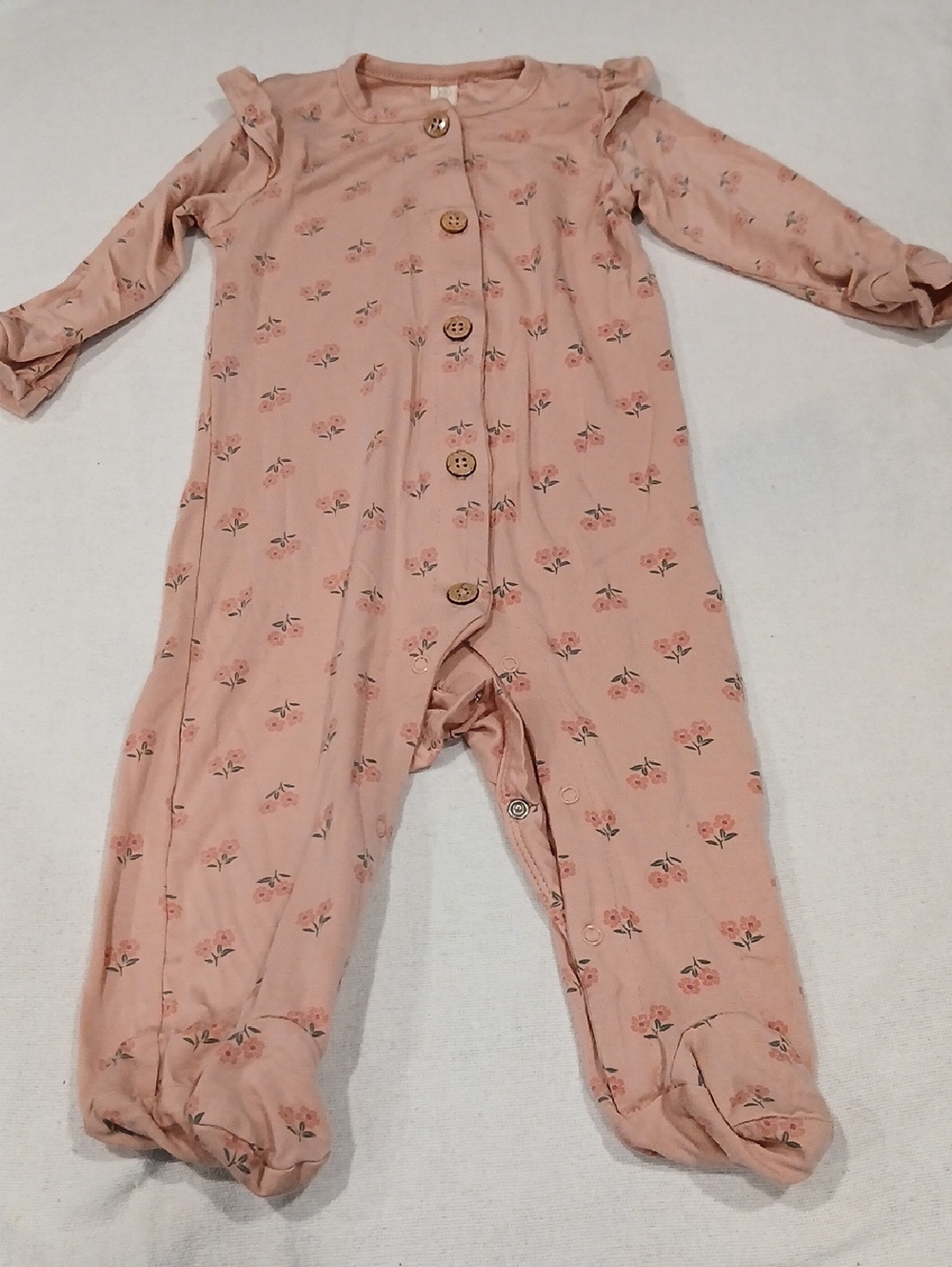 Baby Pink Floral Footed One-Piece with Ruffle Shoulders